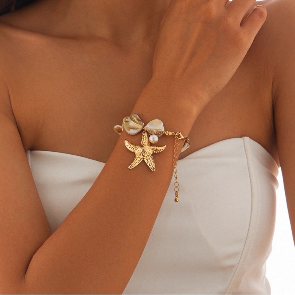 Summer Bracelet Golden Pearl Starfish Charm Bracelet Adjustable Beach Style